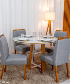 Mesa de Jantar Atlanta Redonda 120cm Vidro Off/Base Madeira - Minas Plac + 4 Cad.  Isabela Linho Cinza 05 Madeira KM Decor - Entregue Montada