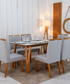 Mesa de Jantar Siena 160x90 Vidro Off/Base Madeira - Art Assento + 6 Cad. Isabela Linho Cinza 05 Madeira Maciça KM Decor - Entregue Montada