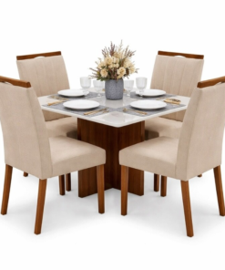 Mesa de Jantar Moscou 90x90 Vidro Off/Cinamomo Minas Plac + 4 Cadeiras Isabela Linho Bege 01 Madeira Maciça KM Decor - Entregue Montada