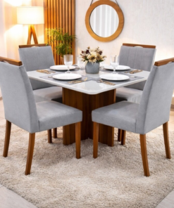 Mesa de Jantar Moscou 90x90 Vidro Off/Cinamomo Minas Plac + 4 Cadeiras Isabela Linho Cinza 05 Madeira Maciça KM Decor - Entregue Montada