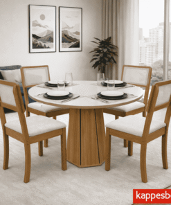 Mesa de jantar Jade BA54 Tampo Redonda 105x105cm MDF c/vidro Off White + 4 Cadeiras Gardeni Cinamomo - Kappesberg