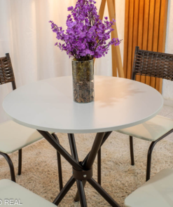 Mesa Atlanta Base Ipanema Marrom Tampo Redondo Pedra Off 75x75 4 Cadeiras Assento Creme - Teixeira - Imagem 3