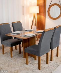 Mesa de Jantar Salina Tampo Londres Cinamomo 120x80 4 Cadeiras Parati Veludo Cinza 171 - Cel Móveis