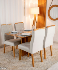 Mesa de Jantar Salina 120x80 Tampo Londres Cinamomo 4 Cadeiras Lisboa Bege 512 Madeira Maciça Art Assento - Imagem 2