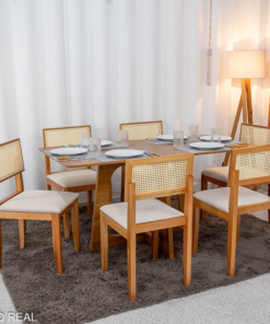 Mesa de Jantar Dubai 160x80 Tampo Londres Cinamomo Cel Móveis + 6 Cad. Santorini Linho Bege Madeira - Minas Plac