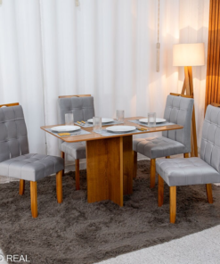 Mesa de Jantar Salina 120x80 Londres Cinamomo Cel + 4 Cad. Londres Veludo Prata Madeira Minas Plac - Entregue Montada