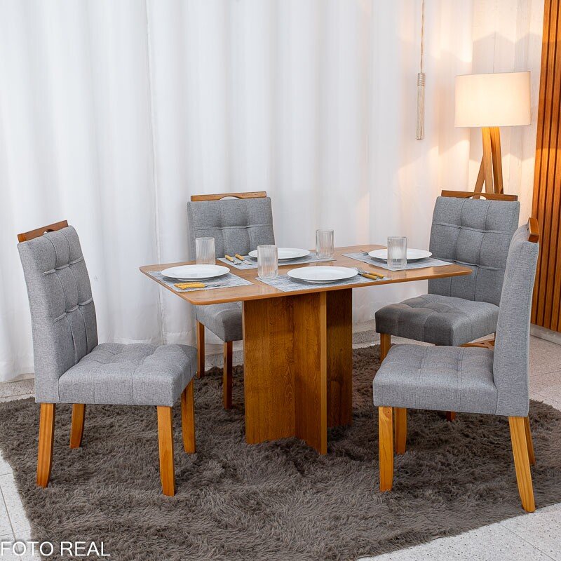 Mesa de Jantar Salina 120x80 Londres Cinamomo Cel + 4 Cad. Londres Linho Cinza Madeira Minas Plac - Entregue Montada