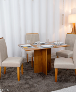 Mesa de Jantar Salina 120x80 Tampo Londres Cinamomo Cel Móveis  + 4 Cad. Atlanta Linho Bege Cru Madeira Minas Plac - Entregue Montada