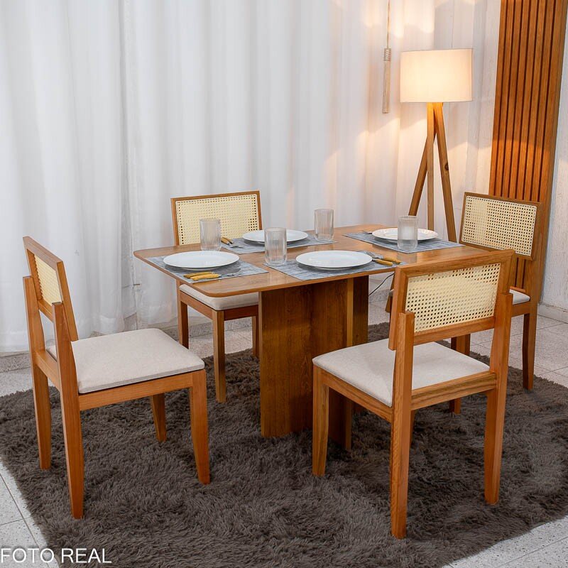 Mesa de Jantar Salina 120x80 Tampo Londres Cinamomo Cel Móveis + 4 Cad. Santorini Linho Bege Madeira - Minas Plac - Imagem 3