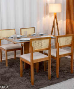 Mesa de Jantar Salina 120x80 Tampo Londres Cinamomo Cel Móveis + 4 Cad. Santorini Linho Bege Madeira - Minas Plac
