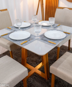Alternative view of Mesa de Jantar Bali 90×90 Vidro Off/Base Madeira Minas Plac + 4 Cad. Isabela Linho Bege 01 Madeira KM Decor - Entregue Montada