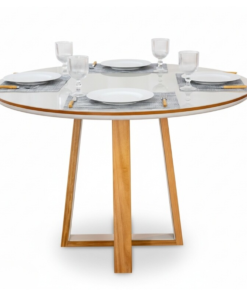 Mesa de Jantar Atlanta Redonda 120cm Vidro Off/Base Madeira -  Minas Plac