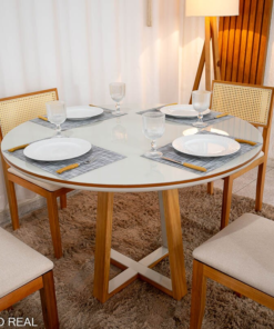 Mesa de Jantar Atlanta Redonda 120cm Vidro Off/Base Madeira + 4 Cad. Santorini Linho Bege Madeira Minas Plac - Entregue Montada - Imagem 2