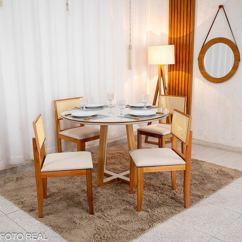 Mesa de Jantar Atlanta Redonda 120cm Vidro Off/Base Madeira + 4 Cad. Santorini Linho Bege Madeira Minas Plac - Entregue Montada - Imagem 3