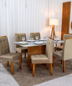Mesa de Jantar Moscou 160x80 Vidro Off/Base Cinamomo + 6 Cad. Londres Veludo Avelã Madeira Minas Plac - Entregue Montada