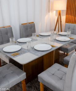 Alternative view of Mesa de Jantar Moscou 160x80 Vidro Off/Base Cinamomo + 6 Cad. Londres Veludo Prata Madeira Minas Plac - Entregue Montada