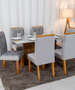 Mesa de Jantar Moscou 160x80 Vidro Off/Base Cinamomo + 6 Cad. Londres Veludo Prata Madeira Minas Plac - Entregue Montada