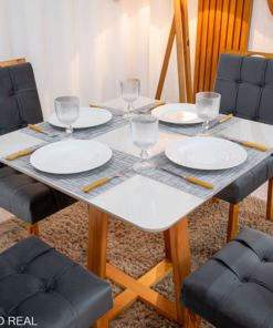 Mesa de Jantar Bali 90×90 Vidro Off/Base Madeira + 4 Cad. Londres Veludo Chumbo Madeira Minas Plac - Entregue Montada - Imagem 2