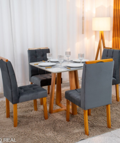 Mesa de Jantar Bali 90×90 Vidro Off/Base Madeira + 4 Cad. Londres Veludo Chumbo Madeira Minas Plac - Entregue Montada - Imagem 3