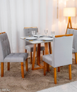 Mesa de Jantar Bali 90×90 Vidro Off/Base Madeira + 4 Cad. Londres Veludo Prata Madeira Minas Plac - Entregue Montada