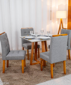 Mesa de Jantar Bali 90×90 Vidro Off/Base Madeira + 4 Cad. Londres Linho Cinza Madeira Minas Plac - Entregue Montada