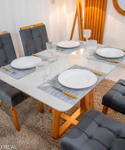 Mesa de Jantar Bali 120×80 Vidro Off/Base Madeira + 4 Cad. Londres Veludo Chumbo Madeira Minas Plac - Entregue Montada - Imagem 2