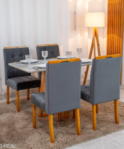 Mesa de Jantar Bali 120×80 Vidro Off/Base Madeira + 4 Cad. Londres Veludo Chumbo Madeira Minas Plac - Entregue Montada - Imagem 3