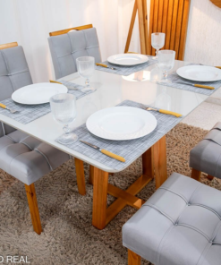 Mesa de Jantar Bali 120×80 Vidro Off/Base Madeira + 4 Cad. Londres Veludo Prata Madeira Minas Plac - Entregue Montada - Imagem 2