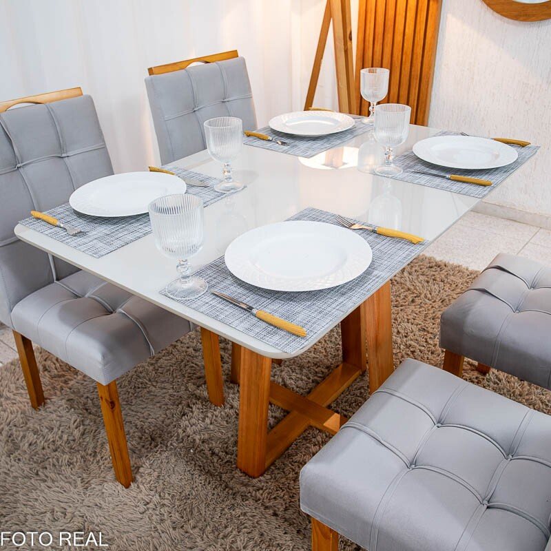 Mesa de Jantar Bali 120×80 Vidro Off/Base Madeira + 4 Cad. Londres Veludo Prata Madeira Minas Plac - Entregue Montada - Imagem 2