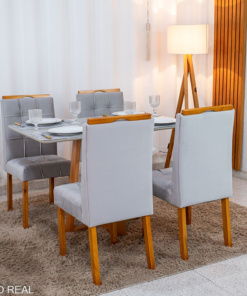Mesa de Jantar Bali 120×80 Vidro Off/Base Madeira + 4 Cad. Londres Veludo Prata Madeira Minas Plac - Entregue Montada - Imagem 3