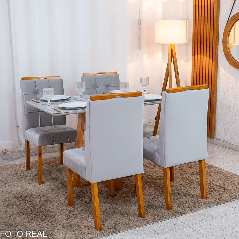 Mesa de Jantar Bali 120×80 Vidro Off/Base Madeira + 4 Cad. Londres Veludo Prata Madeira Minas Plac - Entregue Montada - Imagem 3