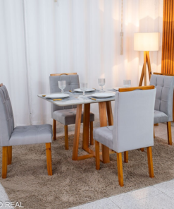 Mesa de Jantar Bali 120×80 Vidro Off/Base Madeira + 4 Cad. Londres Veludo Prata Madeira Minas Plac - Entregue Montada