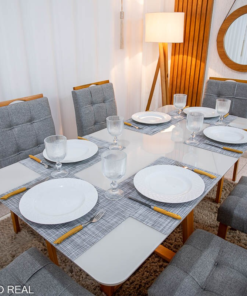 Alternative view of Mesa de Jantar Bali 160×80 Vidro Off/Base Madeira + 6 Cad. Londres Linho Cinza Madeira Minas Plac - Entregue Montada