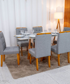 Mesa de Jantar Bali 160×80 Vidro Off/Base Madeira + 6 Cad. Londres Linho Cinza Madeira Minas Plac - Entregue Montada