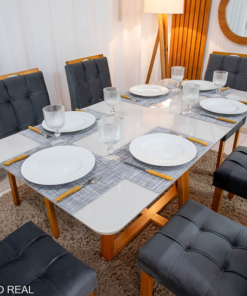 Alternative view of Mesa de Jantar Bali 160×80 Vidro Off/Base Madeira + 6 Cad. Londres Veludo Chumbo Madeira Minas Plac - Entregue Montada