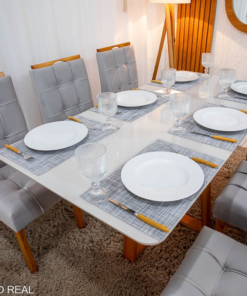 Mesa de Jantar Bali 160×80 Vidro Off/Base Madeira + 6 Cad. Londres Veludo Prata Madeira Minas Plac - Entregue Montada - Imagem 2
