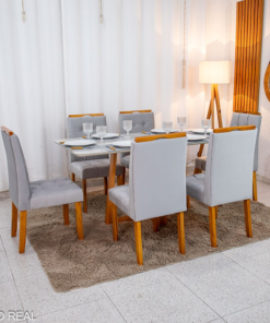 Mesa de Jantar Bali 160×80 Vidro Off/Base Madeira + 6 Cad. Londres Veludo Prata Madeira Minas Plac - Entregue Montada - Imagem 3