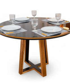 Mesa de Jantar Atlanta Redonda 120cm Vidro Preto/Base Madeira - Minas Plac