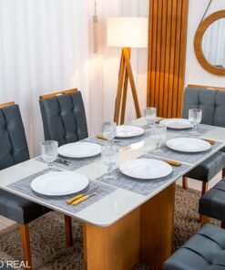 Mesa de Jantar Moscou 160x80 Vidro Off/Base Cinamomo + 6 Cad. Londres Veludo Chumbo Madeira Minas Plac - Entregue Montada - Imagem 2