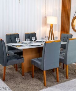 Mesa de Jantar Moscou 160x80 Vidro Off/Base Cinamomo + 6 Cad. Londres Veludo Chumbo Madeira Minas Plac - Entregue Montada - Imagem 3