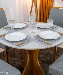 Mesa de Jantar Siena Redonda 100cm Vidro Off/Base Cinamomo - Minas Plac + 4 Cad. Isabela Linho Cinza 05 Madeira KM Decor - Entregue Montada - Imagem 2