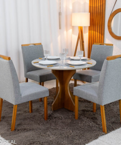Mesa de Jantar Siena Redonda 100cm Vidro Off/Base Cinamomo - Minas Plac + 4 Cad. Isabela Linho Cinza 05 Madeira KM Decor - Entregue Montada - Imagem 3