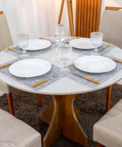 Mesa de Jantar Siena Redonda 100cm Vidro Off/Base Cinamomo - Minas Plac + 4 Cad. Isabela Linho Bege 01 Madeira KM Decor - Entregue Montada - Imagem 2