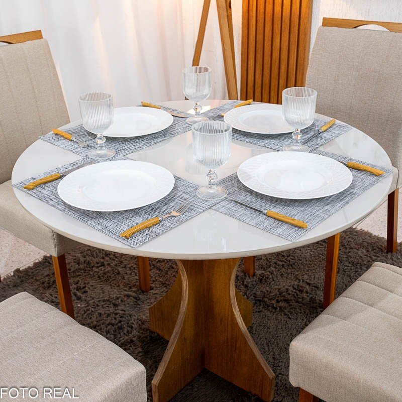 Mesa de Jantar Siena Redonda 100cm Vidro Off/Base Cinamomo - Minas Plac + 4 Cad. Isabela Linho Bege 01 Madeira KM Decor - Entregue Montada - Imagem 2