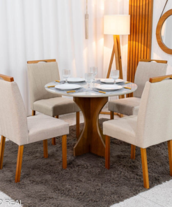 Mesa de Jantar Siena Redonda 100cm Vidro Off/Base Cinamomo - Minas Plac + 4 Cad. Isabela Linho Bege 01 Madeira KM Decor - Entregue Montada - Imagem 3