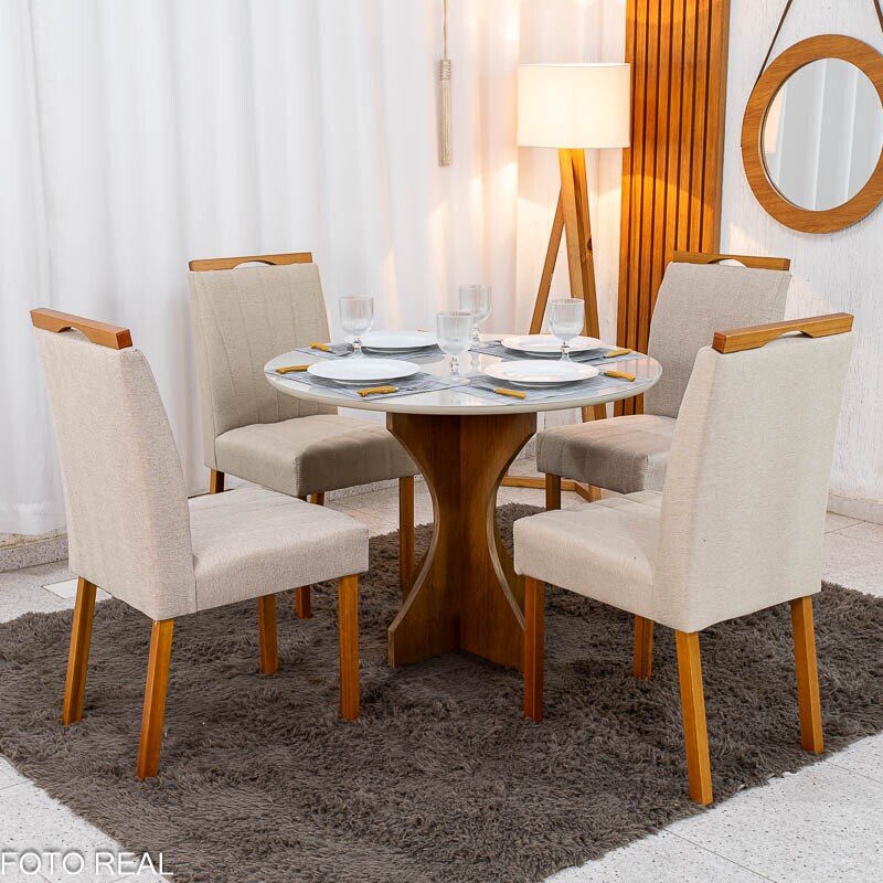 Mesa de Jantar Siena Redonda 100cm Vidro Off/Base Cinamomo - Minas Plac + 4 Cad. Isabela Linho Bege 01 Madeira KM Decor - Entregue Montada - Imagem 3