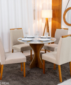 Mesa de Jantar Siena Redonda 100cm Vidro Off/Base Cinamomo - Minas Plac + 4 Cad. Isabela Linho Bege 01 Madeira KM Decor - Entregue Montada