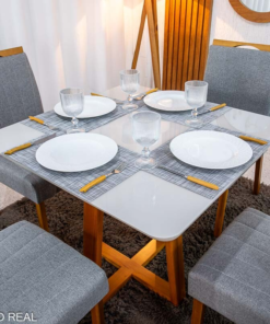 Alternative view of Mesa de Jantar Bali 90×90 Vidro Off/Base Madeira Minas Plac + 4 Cad. Isabela Linho Cinza 05 Madeira KM Decor - Entregue Montada