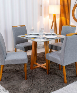 Mesa de Jantar Bali 90×90 Vidro Off/Base Madeira Minas Plac + 4 Cad. Isabela Linho Cinza 05 Madeira KM Decor - Entregue Montada
