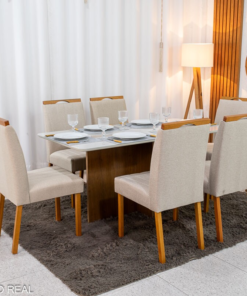 Alternative view of Mesa de Jantar Moscou 160x80 Vidro Off/Base Cinamomo Minas Plac + 6 Cad. Isabela Linho Bege 01 Madeira KM Decor - Entregue Montada